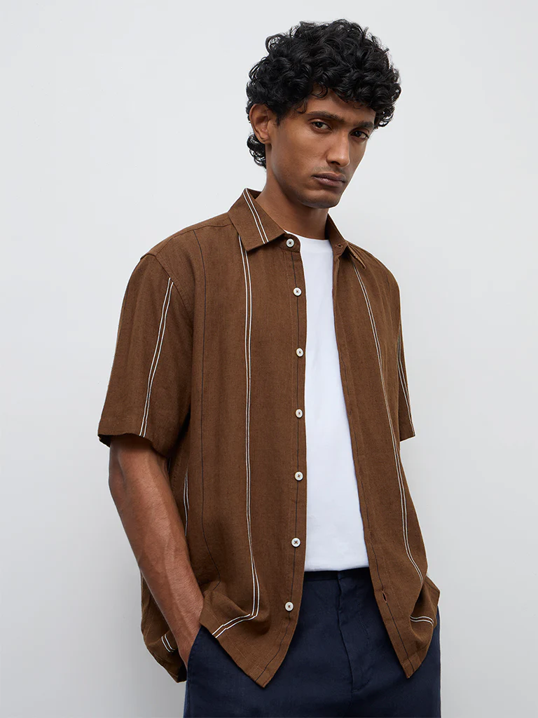 Ascot Taupe Striped Relaxed-Fit Shirt