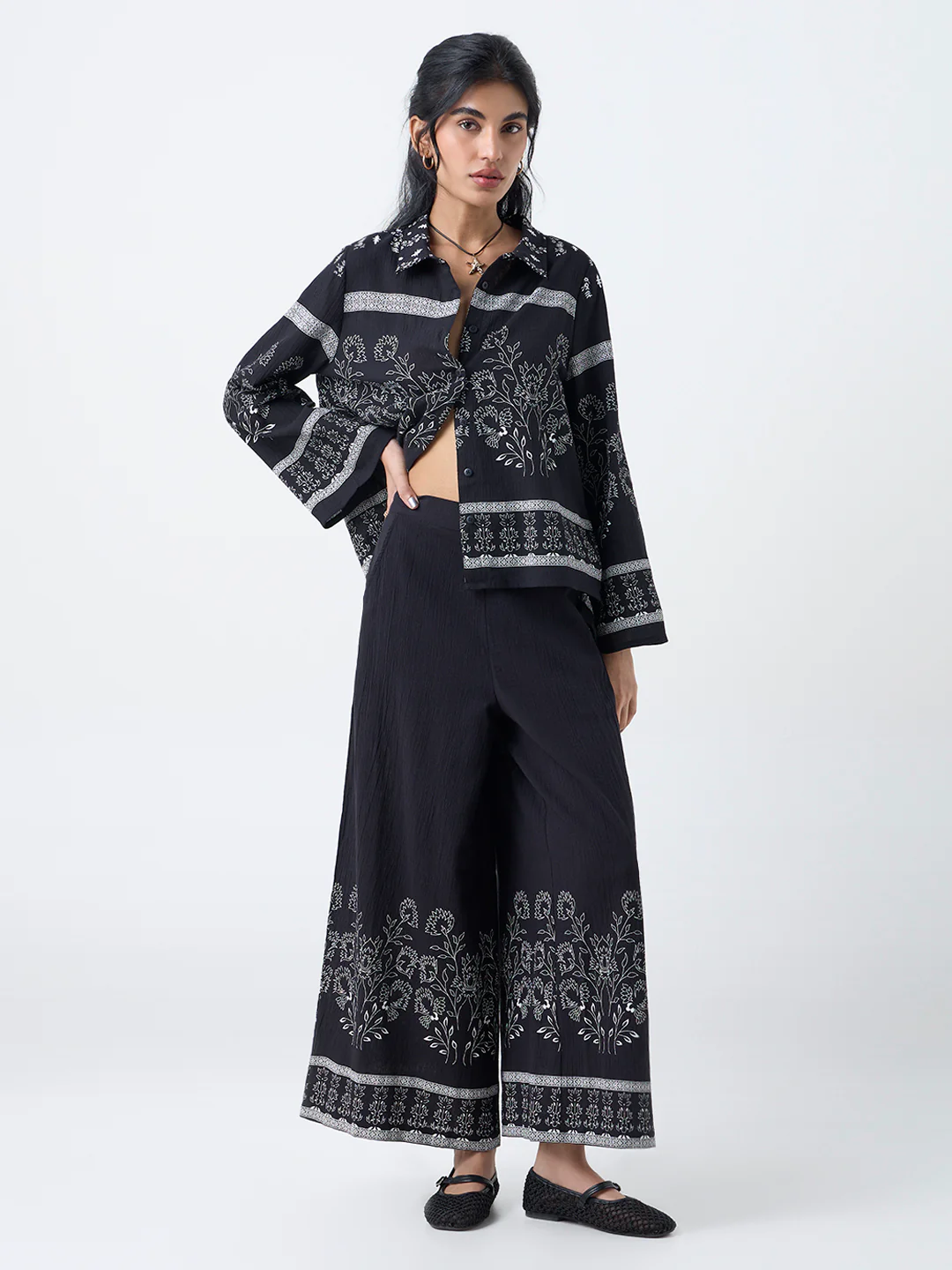 Bombay Paisley Black Floral Design Cotton Palazzos