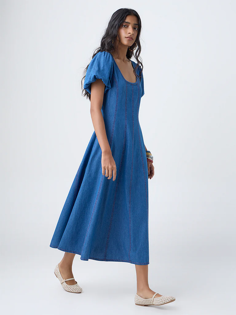 Bombay Paisley Blue Denim A-Line Dress