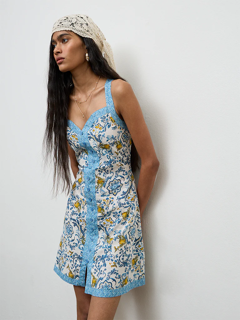 Bombay Paisley Blue Floral Printed Cotton A-Line Dress