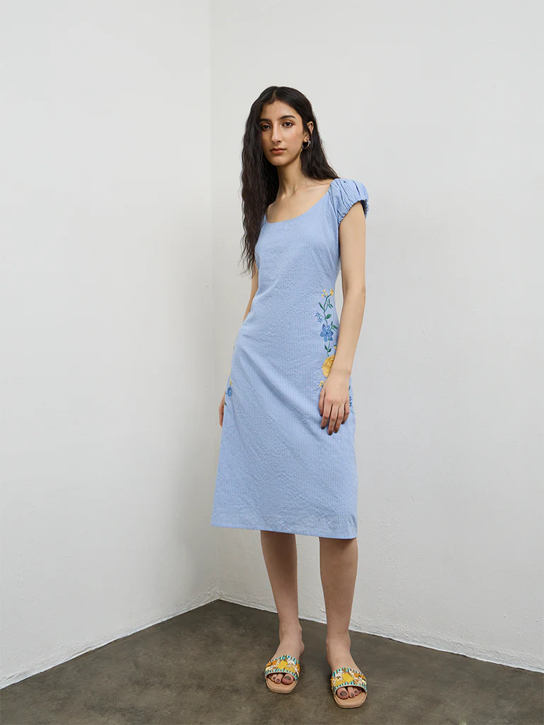 Bombay Paisley Light Blue Embroidered Cotton A-Line Dress