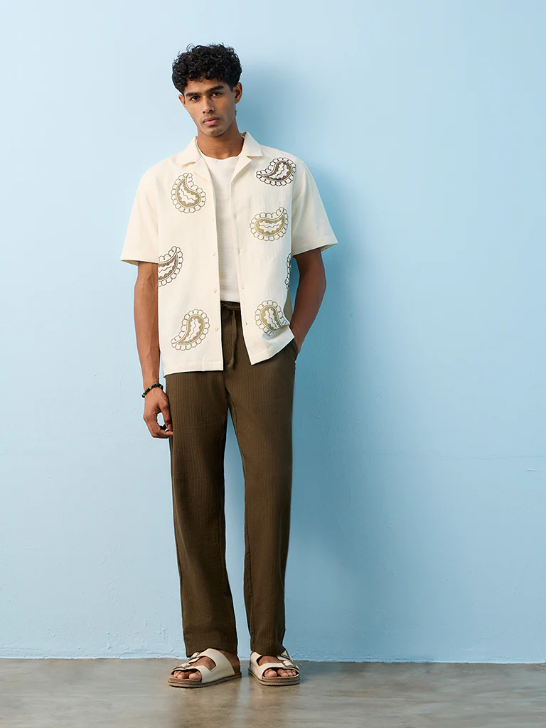 ETA Dark Olive Textured Relaxed-Fit Mid-Rise Cotton Pants