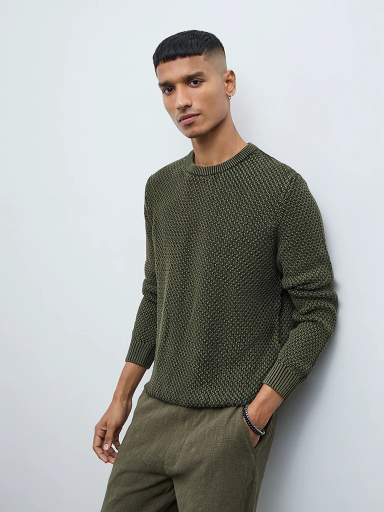 ETA Olive Knitted Textured Relaxed-Fit Cotton Sweater
