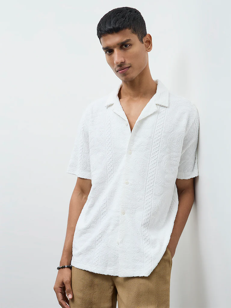 ETA White Paisley Textured Relaxed-Fit Cotton-Blend Shirt