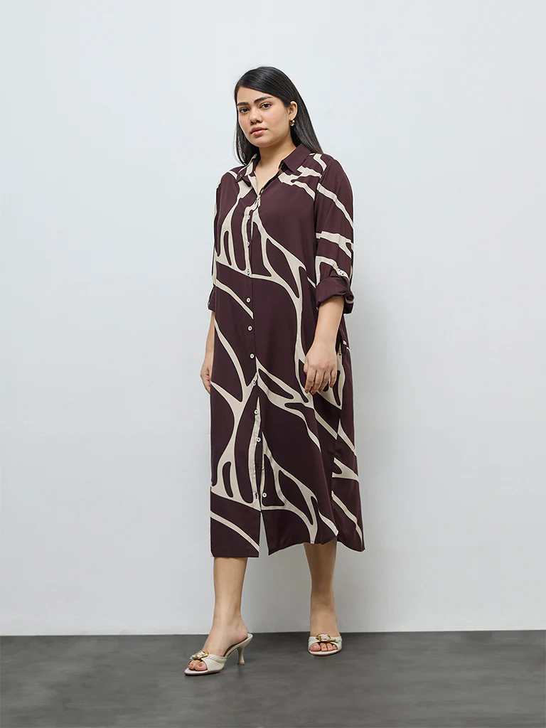 Gia Dark Brown Abstract Design Shirt Dress
