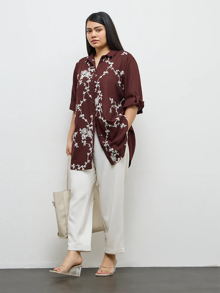 Gia Dark Brown Floral Embroidered Shirt