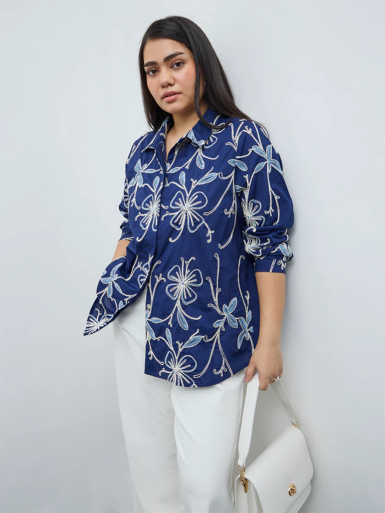 Gia Navy Floral Embroidered Cotton Shirt