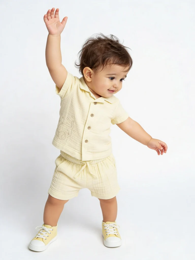 HOP Baby Boys Yellow Resort-Fit Cotton Shirt and Shorts Set