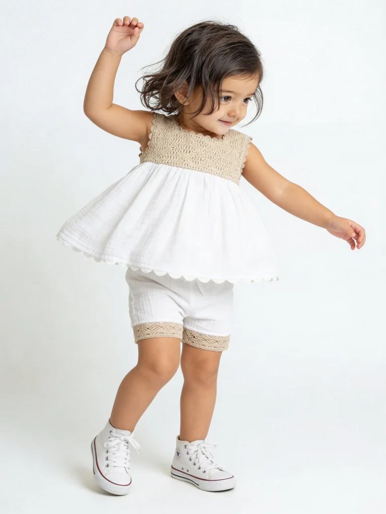HOP Baby Girls White Crochet Cotton Dress and Shorts Set