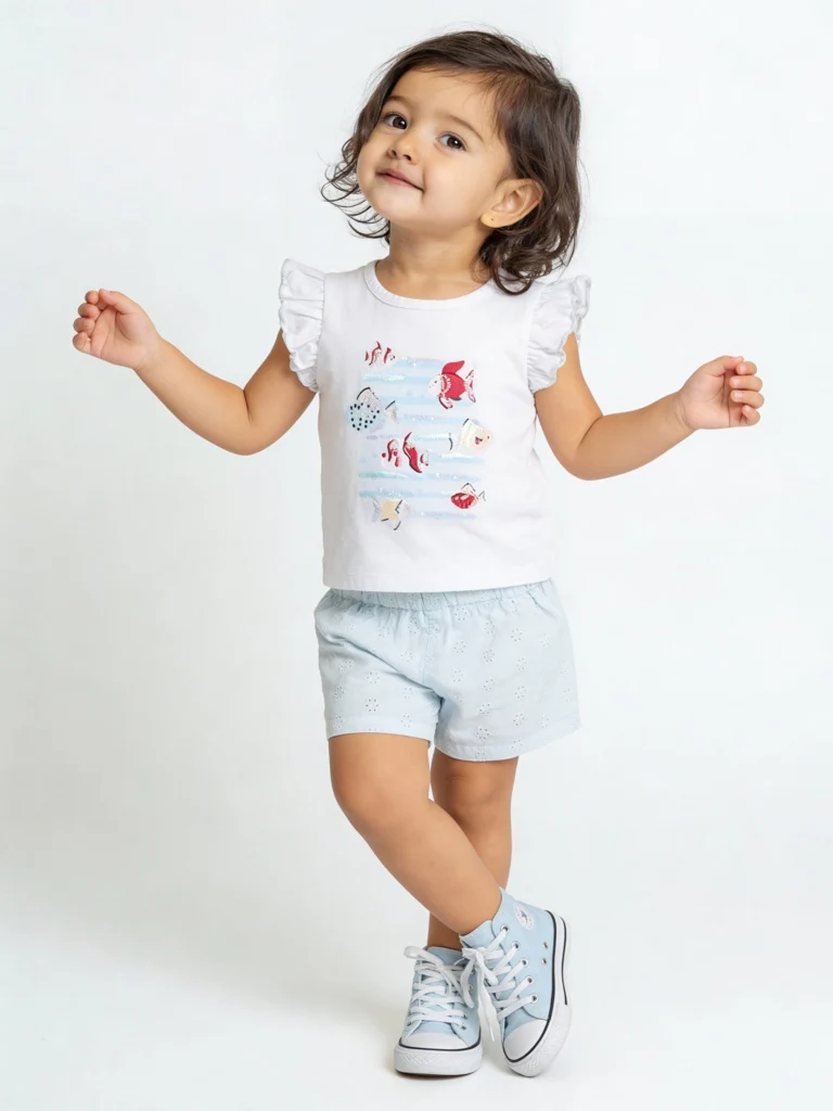HOP Baby Girls White Embellished Cotton T-Shirt and Shorts Set