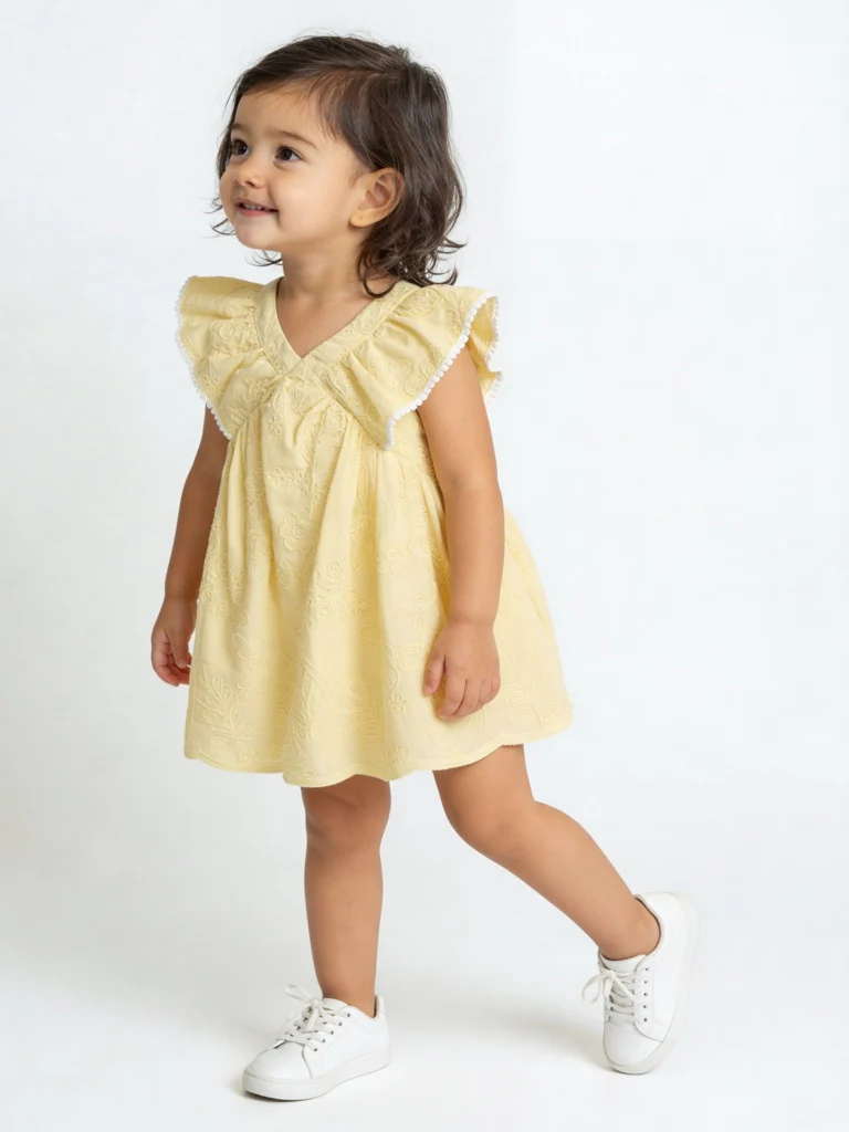 HOP Baby Girls Yellow Embroidered A-Line Cotton Dress