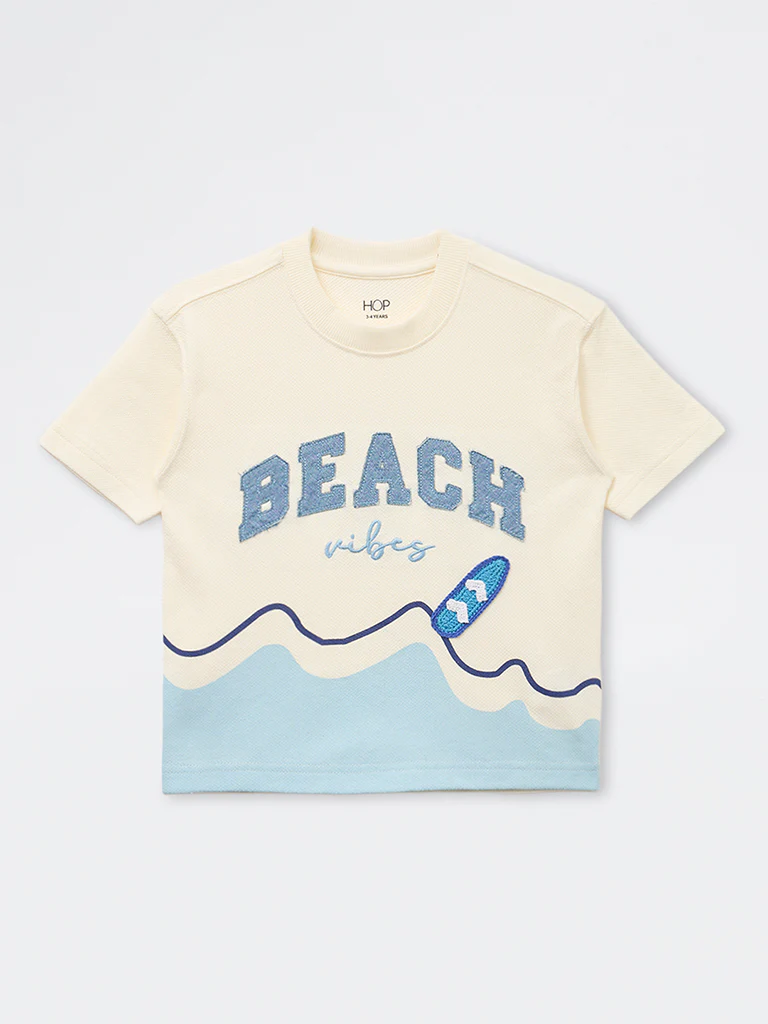 HOP Kids Boys Off-White Beach-Inspired Cotton T-Shirt