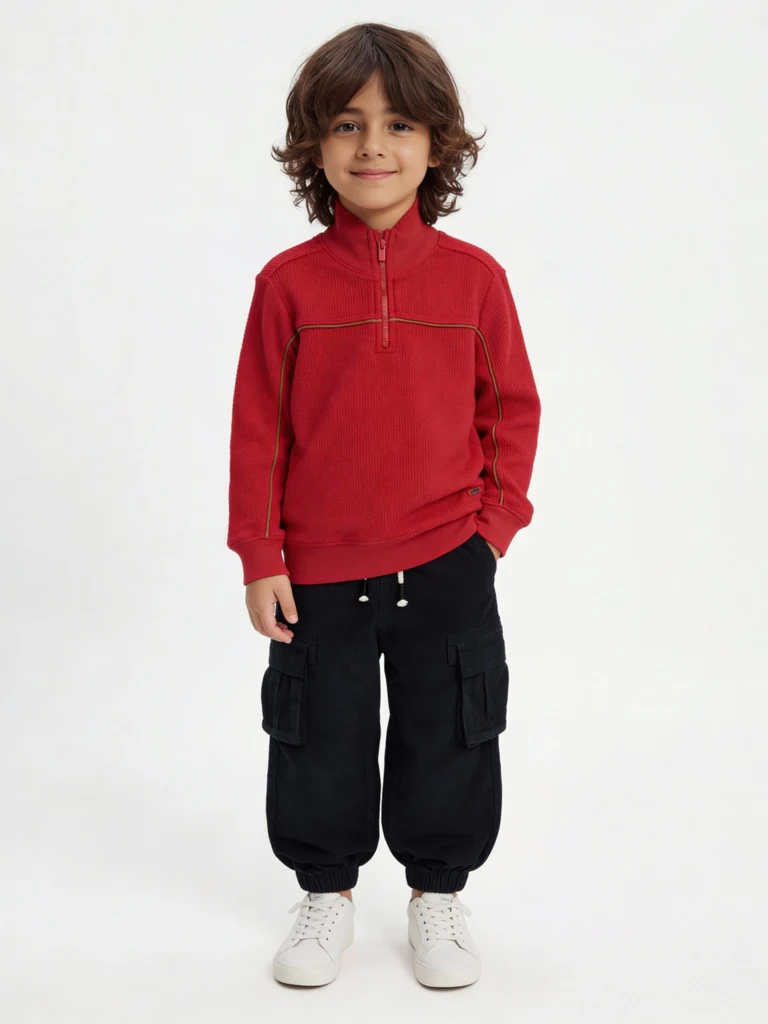 HOP Kids Boys Red Quarter-Zip Cotton Sweatshirt