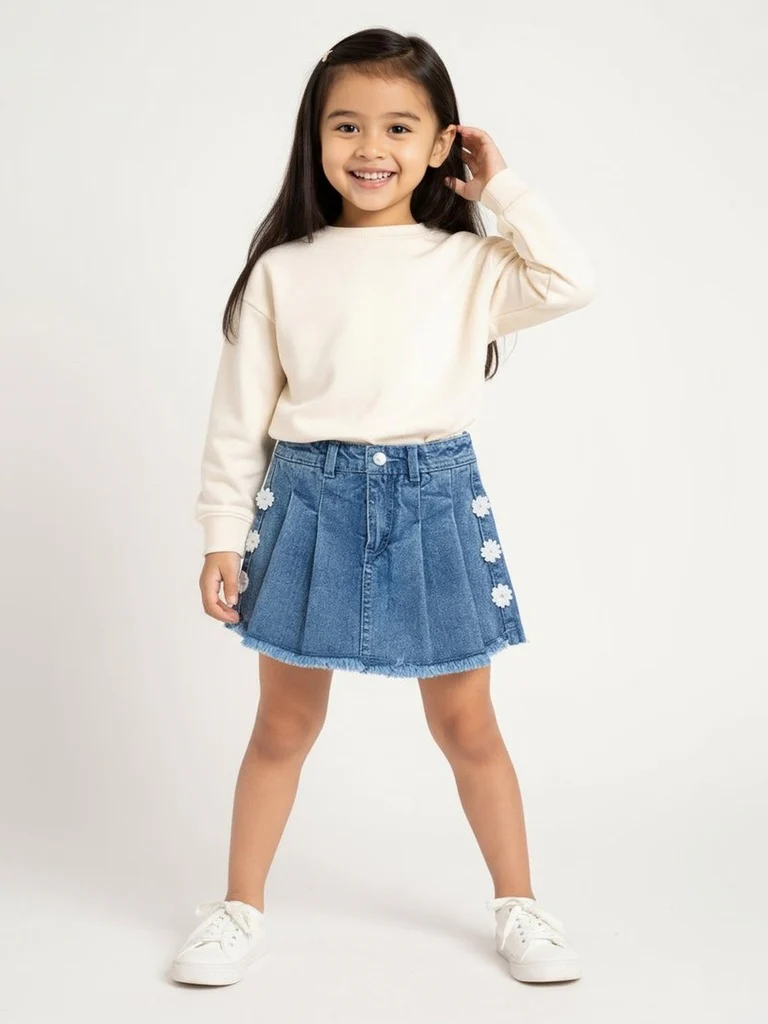 HOP Kids Girls Blue Floral Applique High-Rise Denim Skorts