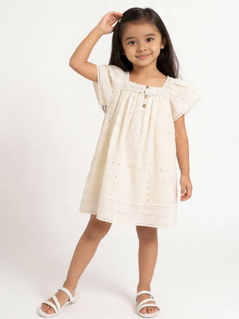 HOP Kids Girls Light Yellow Schiffli Design A-Line Dress