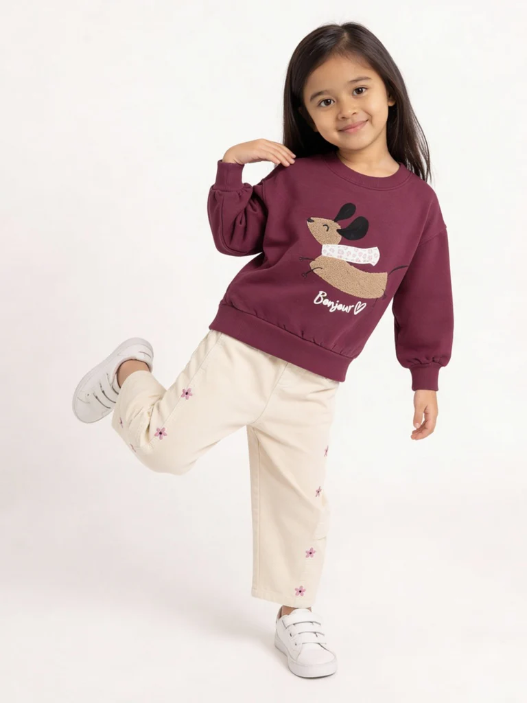 HOP Kids Girls Plum Animal Embroidered Cotton-Blend Sweatshirt