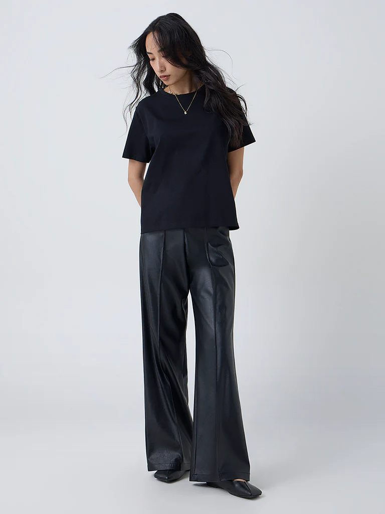 LOV Black Solid Cotton T-Shirt