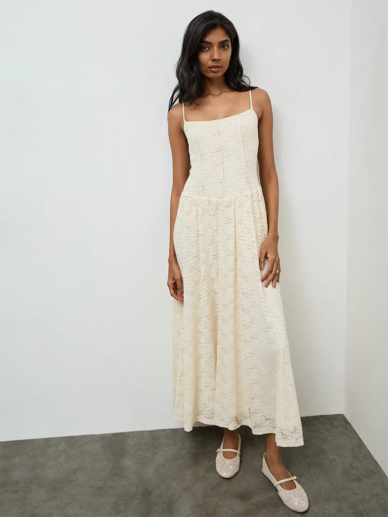 LOV Cream Floral Lace A-Line Dress