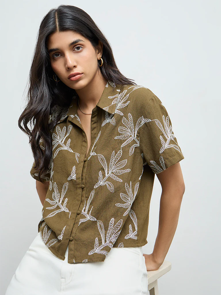 LOV Olive Foliage Embroidered Blouse