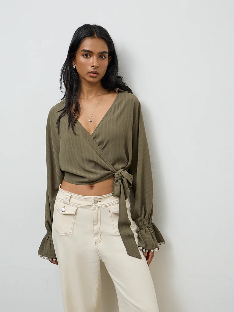 LOV Olive Striped Wrap-Style Top