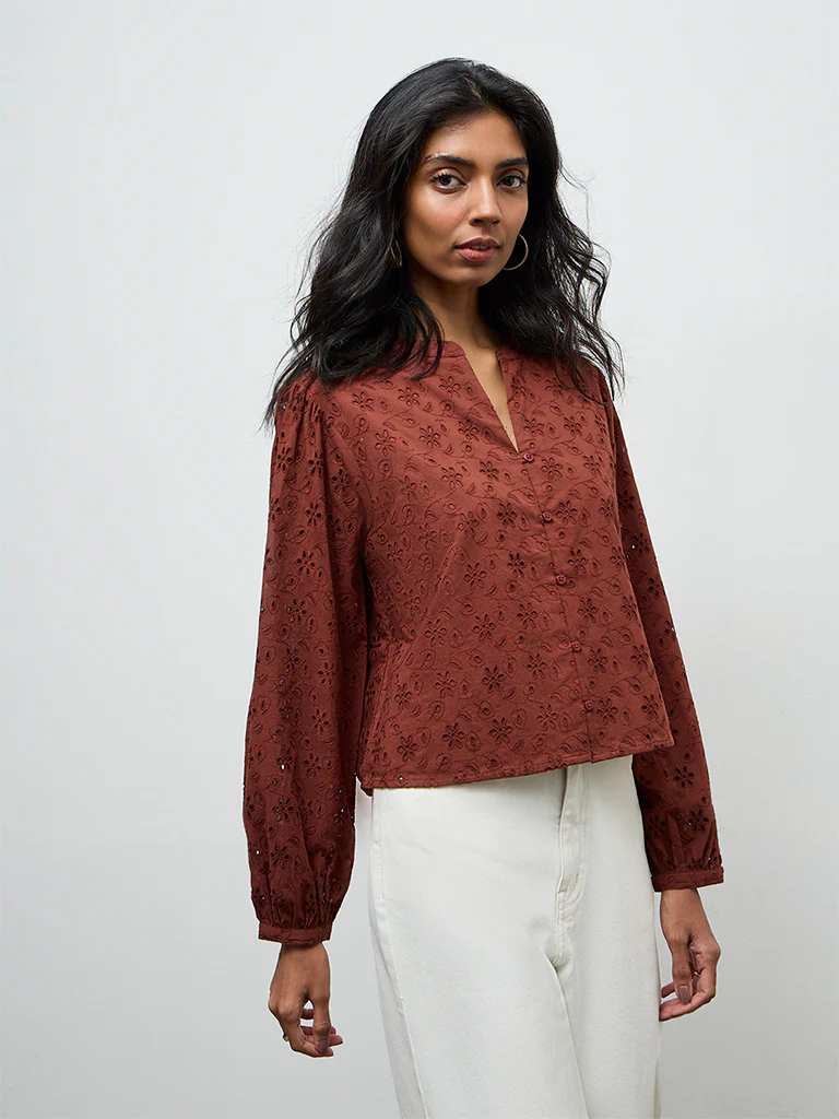 LOV Rust Schiffli-Detailed Cotton Blouse