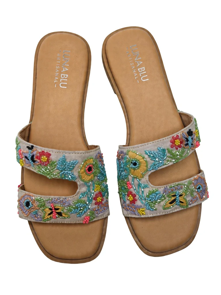 LUNA BLU Ivory Floral Embroidered Slip-On Sandals