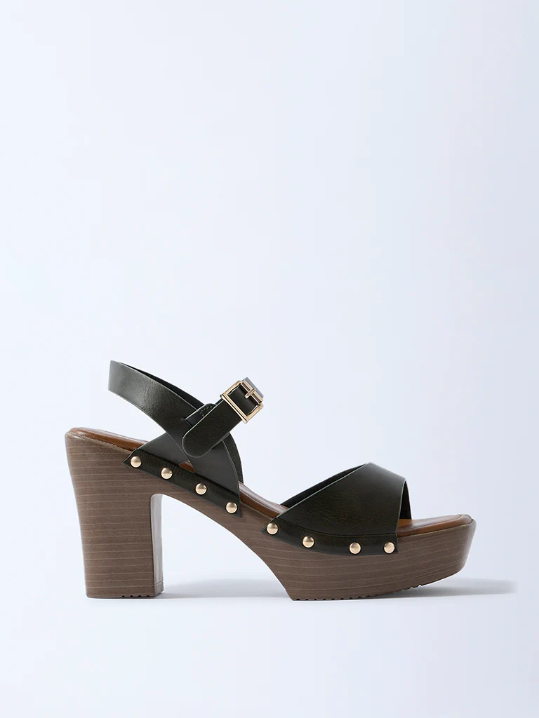 LUNA BLU Olive Stud-Detailed Block-Heel Sandals
