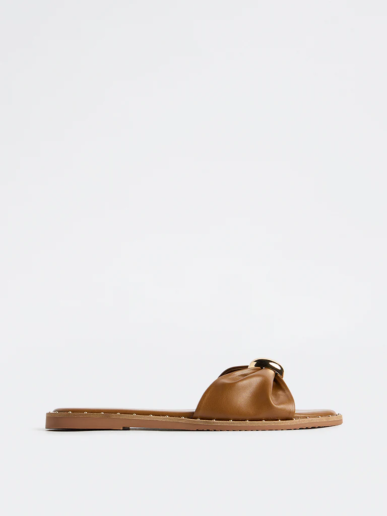 LUNA BLU Tan Bow-Design Slides