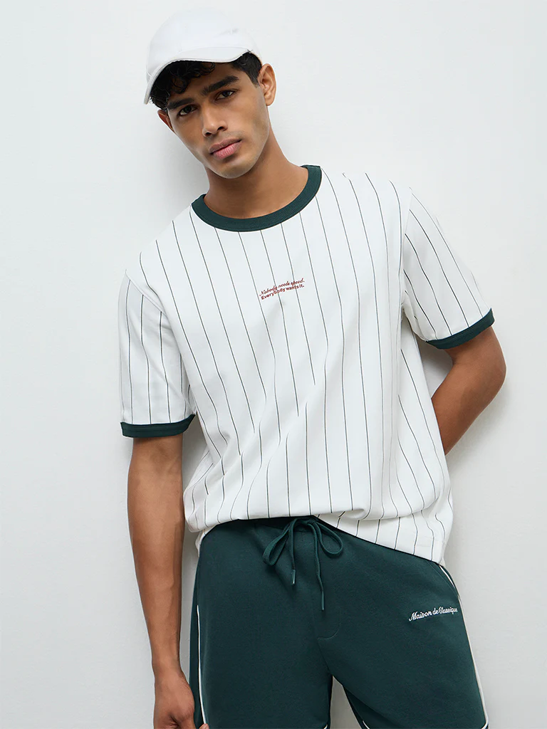 Nuoflexx Green Striped Relaxed-Fit Cotton-Blend T-Shirt
