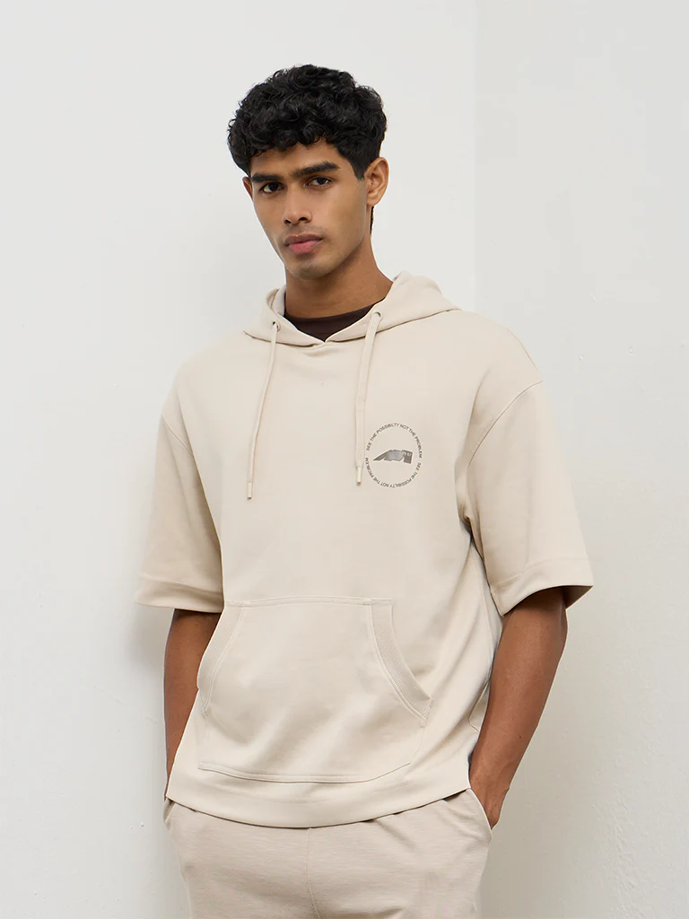 Nuoflexx Light Beige Printed Relaxed-Fit Cotton-Blend Hoodie