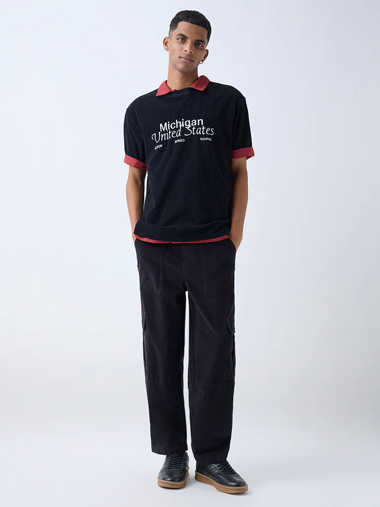 Nuon Black Cargo-Style Relaxed-Fit Mid-Rise Corduroy Pants