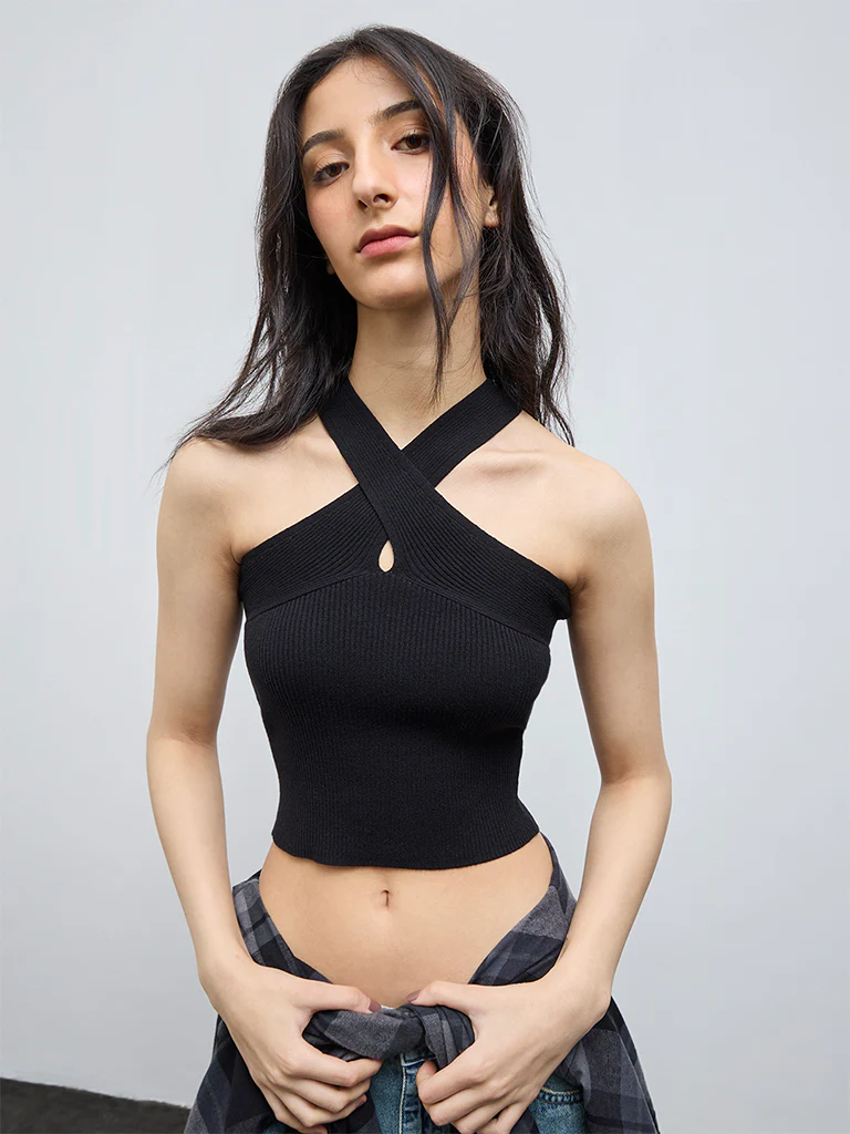Nuon Black Ribbed-Textured Halter-Neck Top