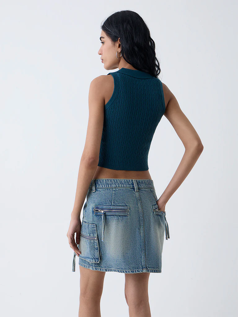 Nuon Dark Teal Cable-Knitted Top - Image 4