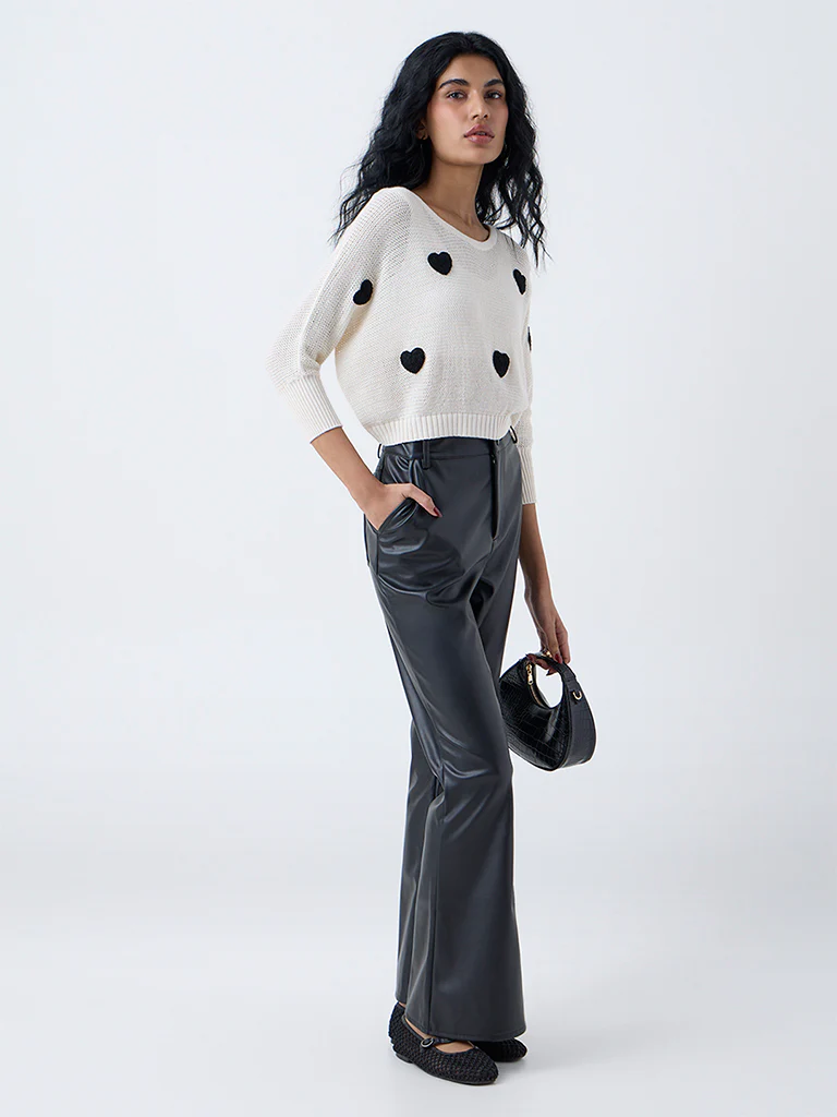 Nuon Off-White Heart Embroidered Cotton Sweater - Image 2