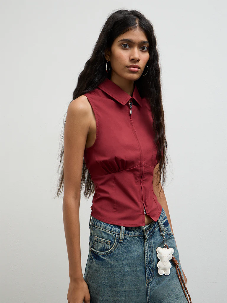 Nuon Red Solid Corset-Inspired Cotton Top