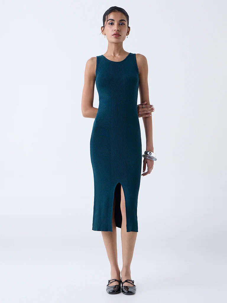 Nuon Teal Ribbed Cotton Bodycon Dress