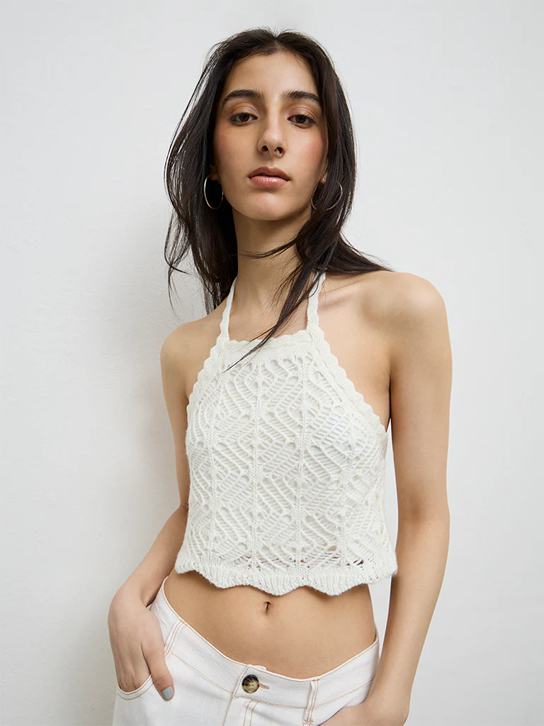 Nuon White Crochet-Knit Top