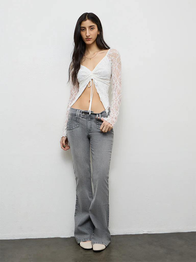 Nuon White Ruched-Detail Lace Top