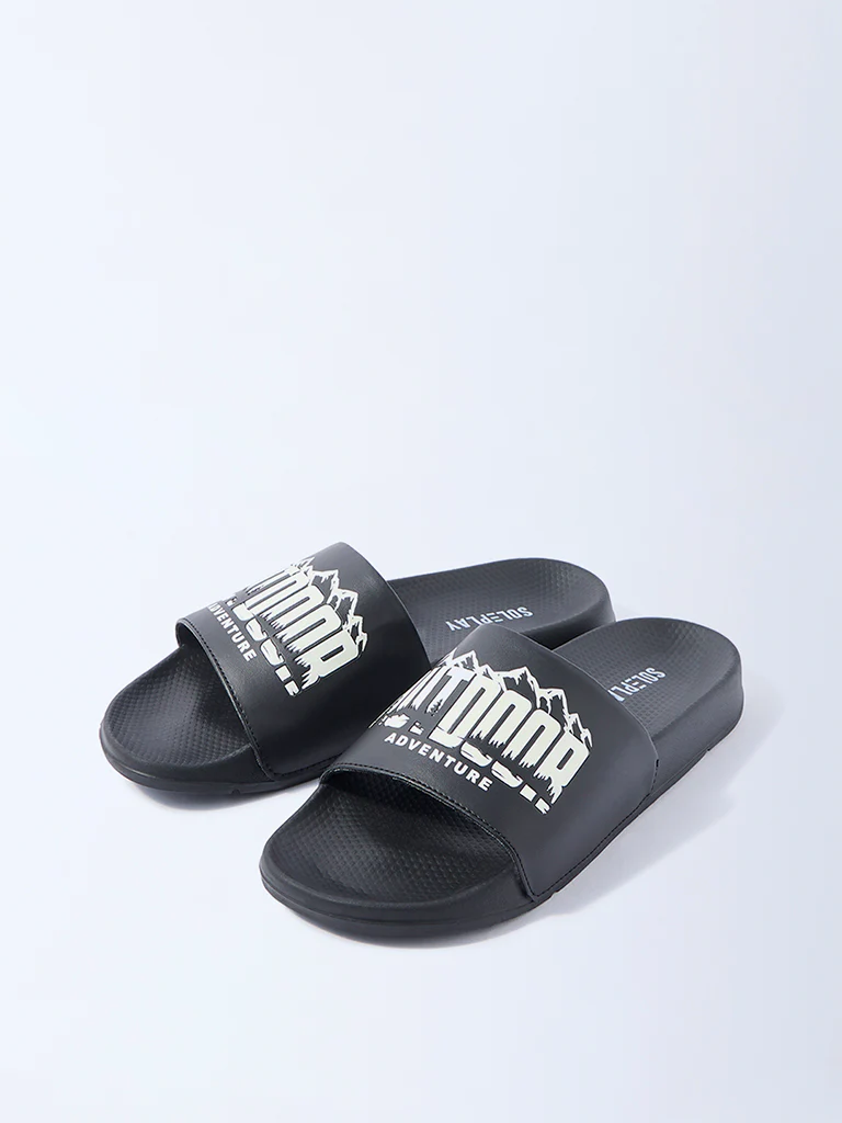 SOLEPLAY Black Typographic Pool Slides - Image 2