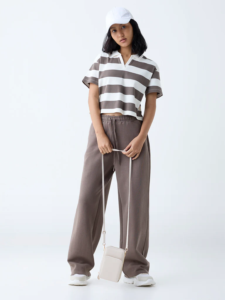 Studiofit Brown Striped Cotton-Blend T-Shirt - Image 2