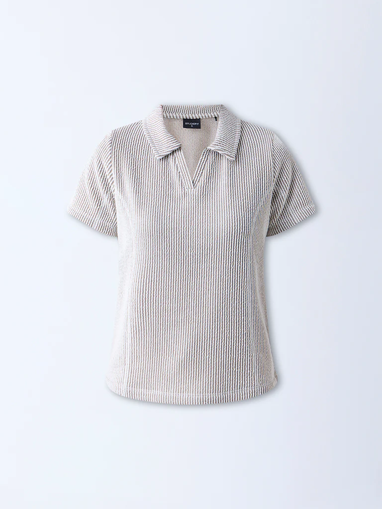 Studiofit Dark Brown Textured Cotton-Blend T-Shirt - Image 5
