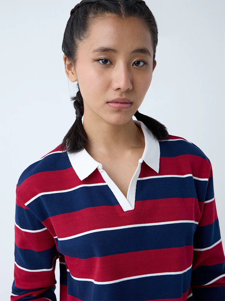 Studiofit Maroon Stripe Cotton-Blend T-Shirt - Image 3
