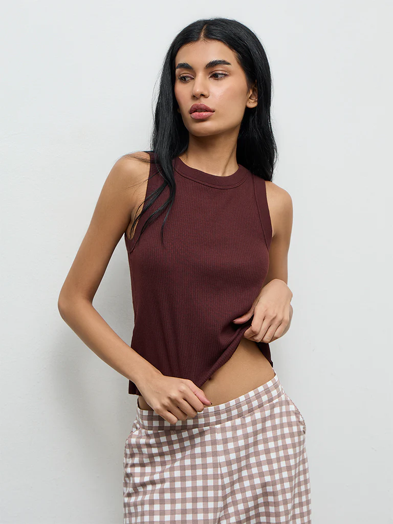 Superstar Dark Brown Ribbed Cotton-Blend Tank Top - Image 2