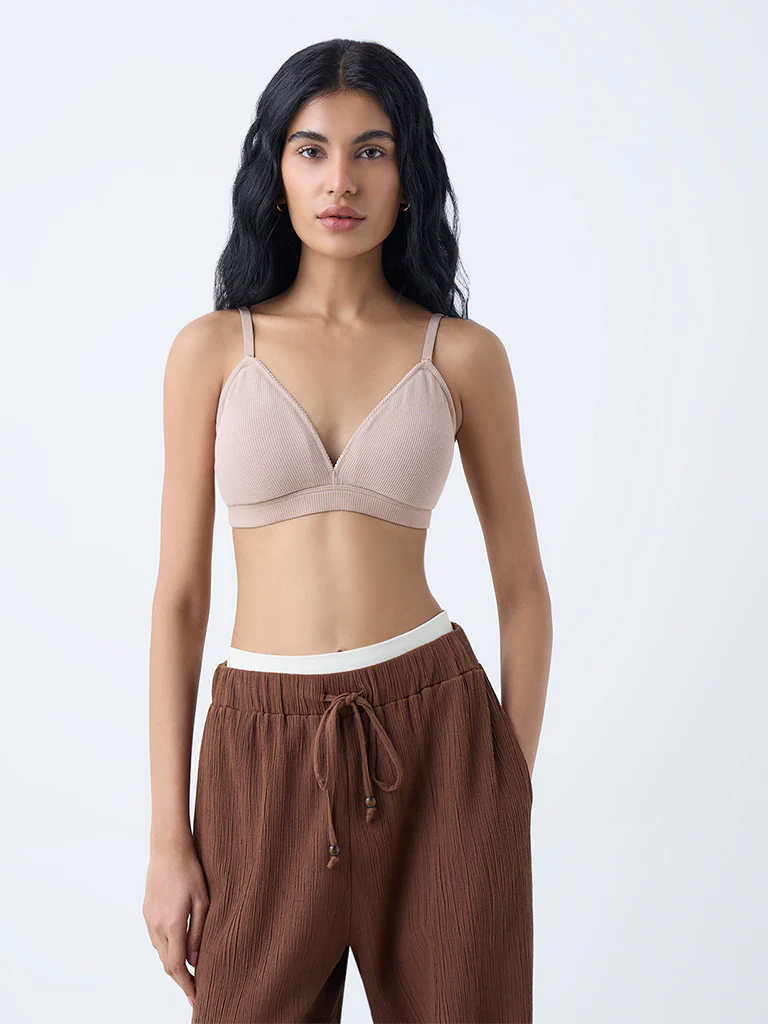 Superstar Taupe Waffle-Textured Padded Cotton-Blend Bra