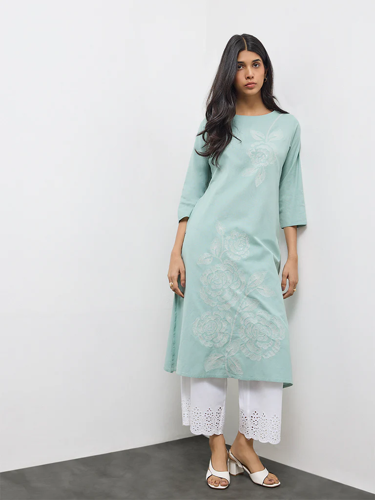Utsa Aqua Floral Embroidered Cotton-Blend A-Line Kurta