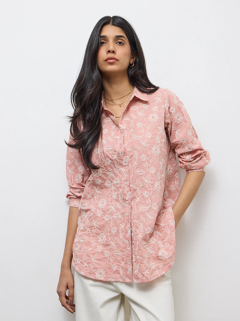 Utsa Dusty Pink Floral Embroidered Cotton Tunic