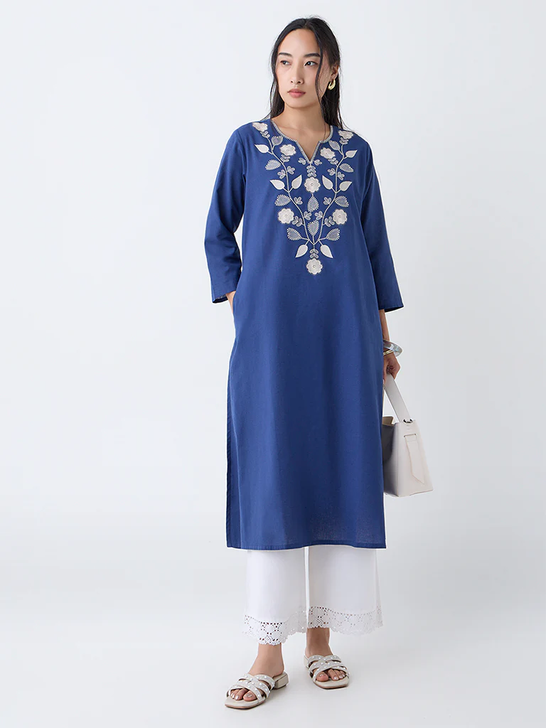 Utsa Indigo Floral Embroidered Cotton-Blend A-Line Kurta