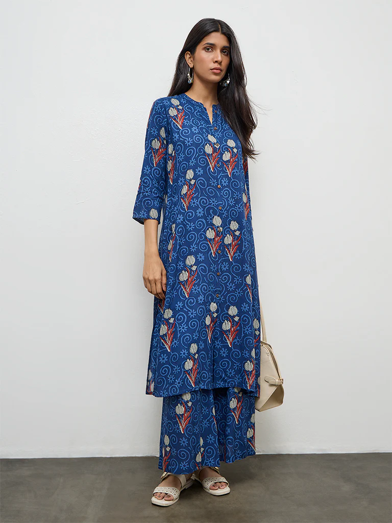 Utsa Indigo Foliage Pattern A-Line Kurta