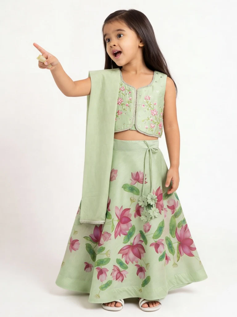Utsa Kids Girls Mint Floral Printed Top Skirt and Dupatta Set - (2-8 yrs)