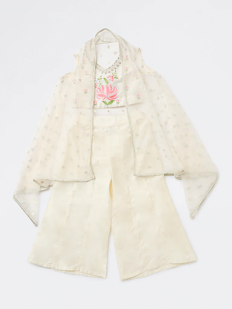 Utsa Kids Girls Off-White Floral Embroidered Top Palazzo and Shrug Set - (8-14 yrs)